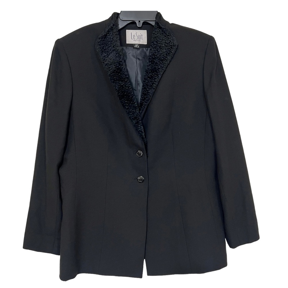 Le Suit Petite Women’s Black Blazer Jacket with Faux Fur Collar Size 14P